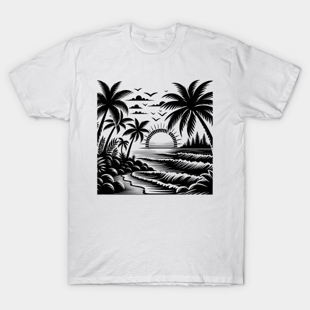 Sunset and Palms Tropical Paradise Escape T-Shirt by NedisDesign